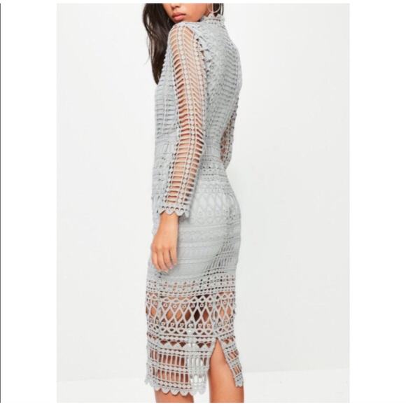 Misguided NWT High Neck Structured Lace Midi Dress Grey Sz 10 Body Con Cutout - Picture 4 of 16